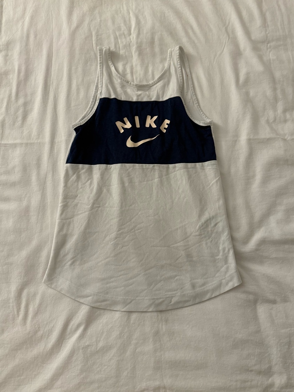 Girls Nike white & navy tank with blue panel and white Nike logo, size S